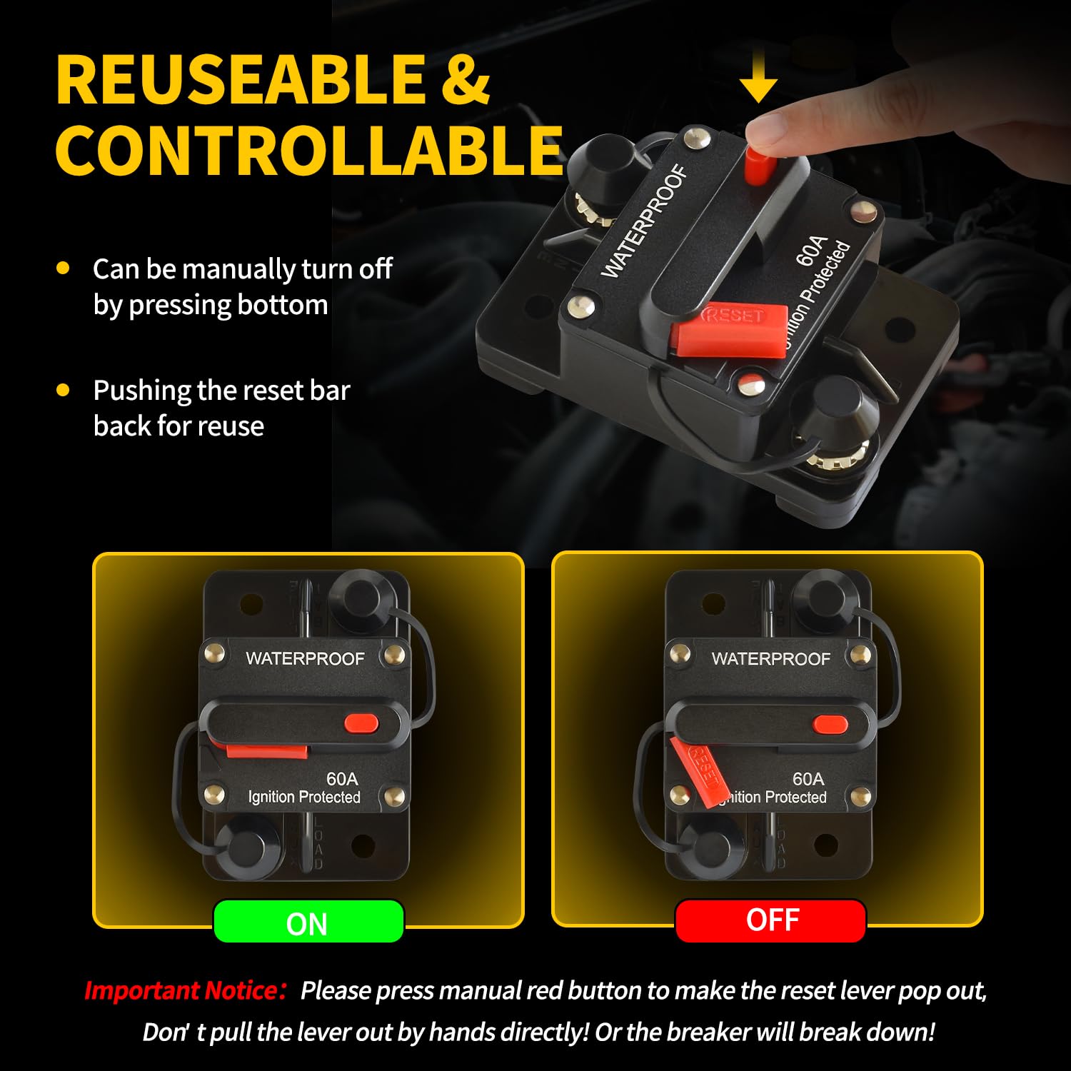 60Amp Circuit Breaker by [Brand Name] - DC 12V-48V for Marine, RV & Solar Systems | IP67 Waterproof, Manual Reset (Pack of 2)
