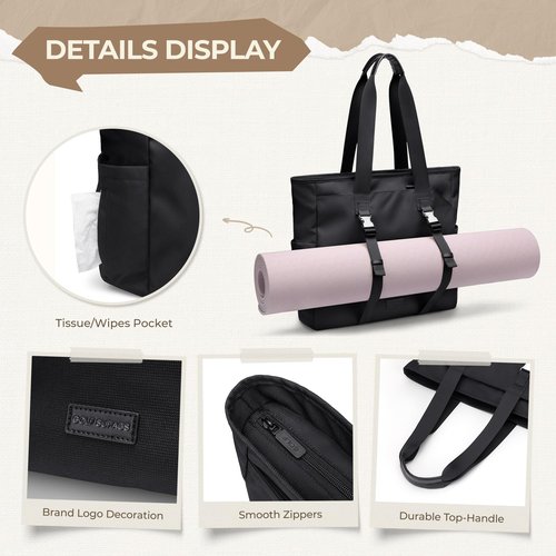 GOLF SUPAGS Tennis Tote Bag for Women with Yoga Mat Straps, Racket Holder Bags with 14" Laptop Compartment, 24L Lightweight Sports Bag with Wet Pocket (Black)