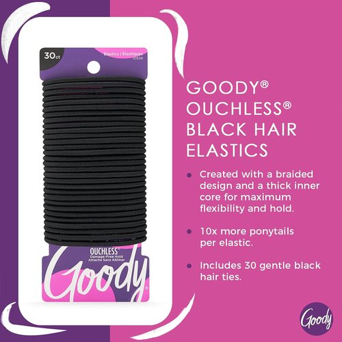 Goody Ouchless Hair Elastics - Tangle-Free Hold for Thick, Curly & Textured Hair - 30 Count, Black Ponytail Holders