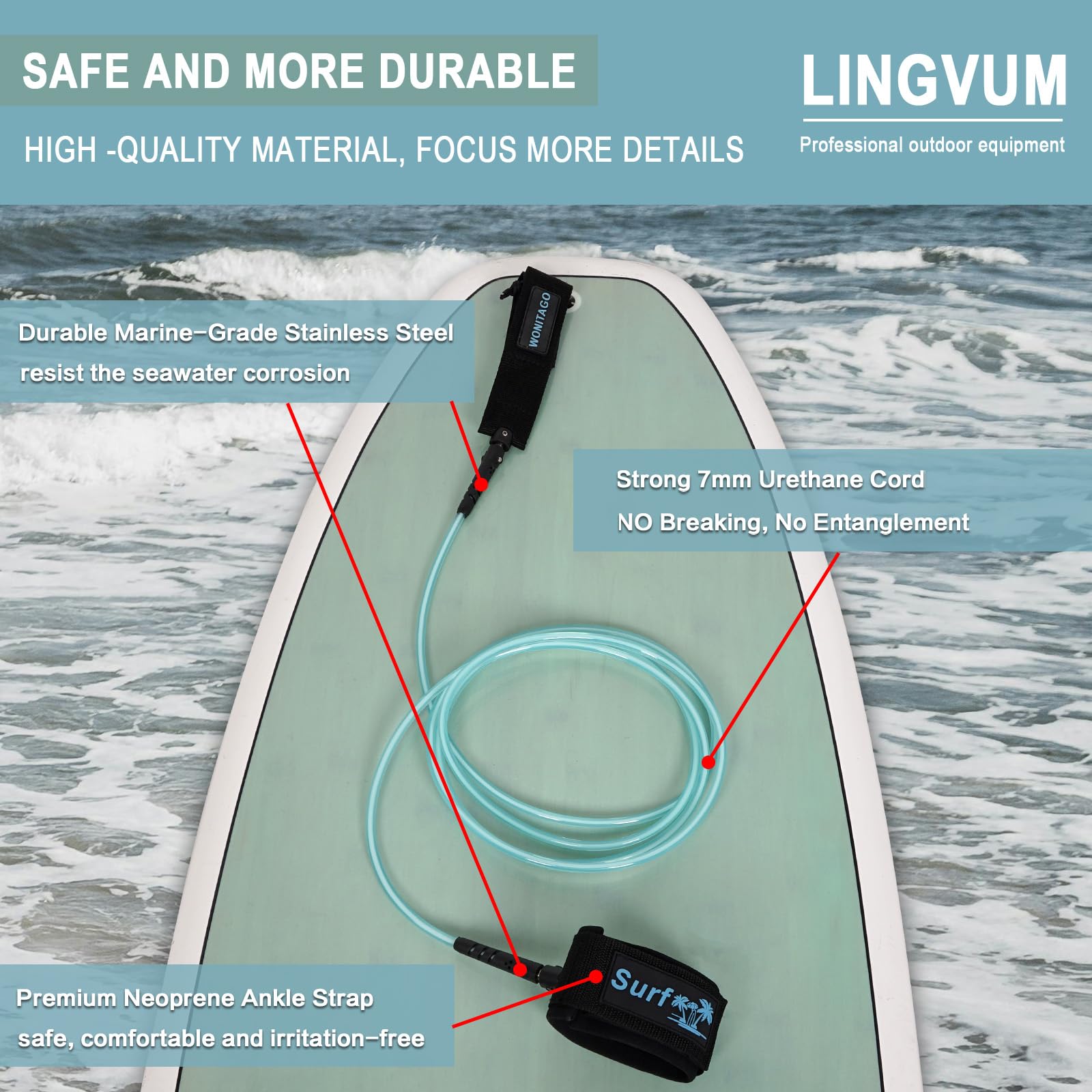 LINGVUM Surfboard Leash Premium Straight Surf Leash SUP Leg Rope 6/7/8/9 feet for Any Surfboards, Longboard, Paddleboard and Shortboard (Green,8FT)
