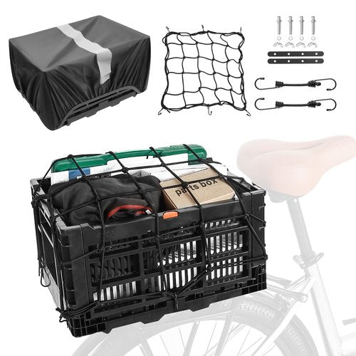 YEEGO DIRECT Bike Basket Rear, Folding Large Capacity Rear Bike Baskets, Collapsible Bicycle Storage Bike Milk Crate Rear Rack,Waterproof Cover for Shopping,Outings,Pets E-Bike Accessories (Black)
