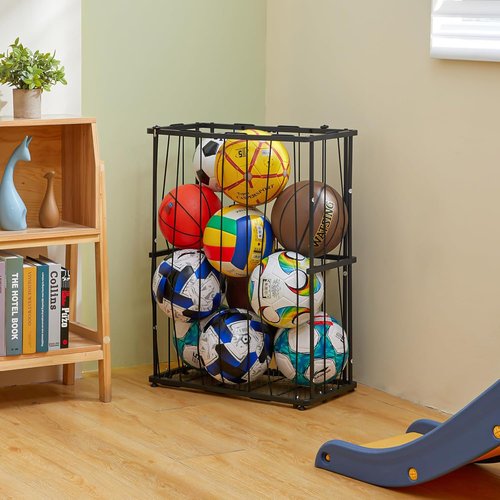 Garage Ball Storage | Wall-Mounted Sports Equipment Organizer - Elastic Rope Holder for Basketball, Soccer, Volleyball, Football - Black