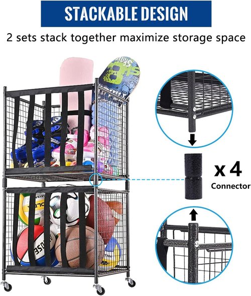 Mythinglogic Sports Ball Storage Cart - Lockable Rolling Locker with Elastic Straps | Stackable Garage Organizer