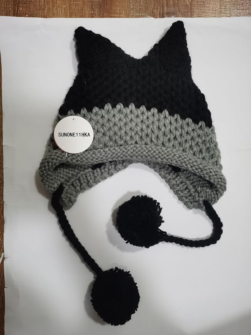 Fox Ears Beanie Hat for Adults - Handmade Knit Winter Cap with Pompom, Black+7-8