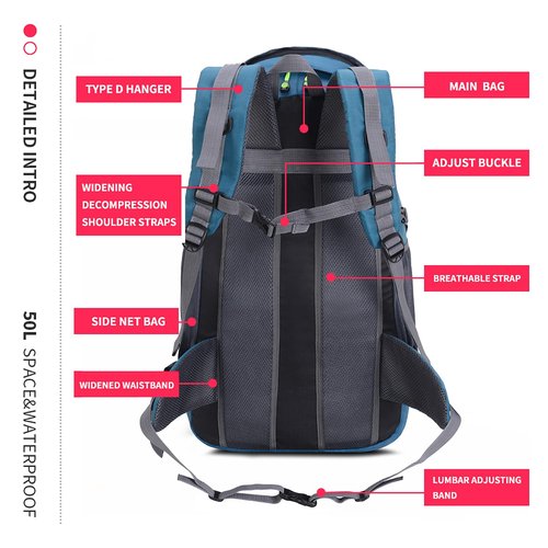 Bseash 50L Hiking Backpack, Water Resistant Lightweight Outdoor Sport Daypack Travel Bag for Camping Climbing Skiing Cycling (Blue Green - With Shoe Compartment)