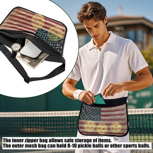 Kathyboom Tennis Ball Band Holder,Retro American Flag Pickleball Ball Waist Bag with Adjustable Belt, Tennis Waist Storage Pouch for Tennis, Pickleball, Golf Accessories