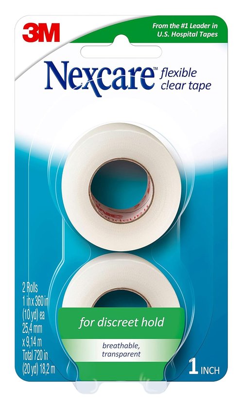 Nexcare Flexible Clear Tape - Waterproof Medical Tape for Secure Dressings | 1 In x 10 Yds, 2 Rolls