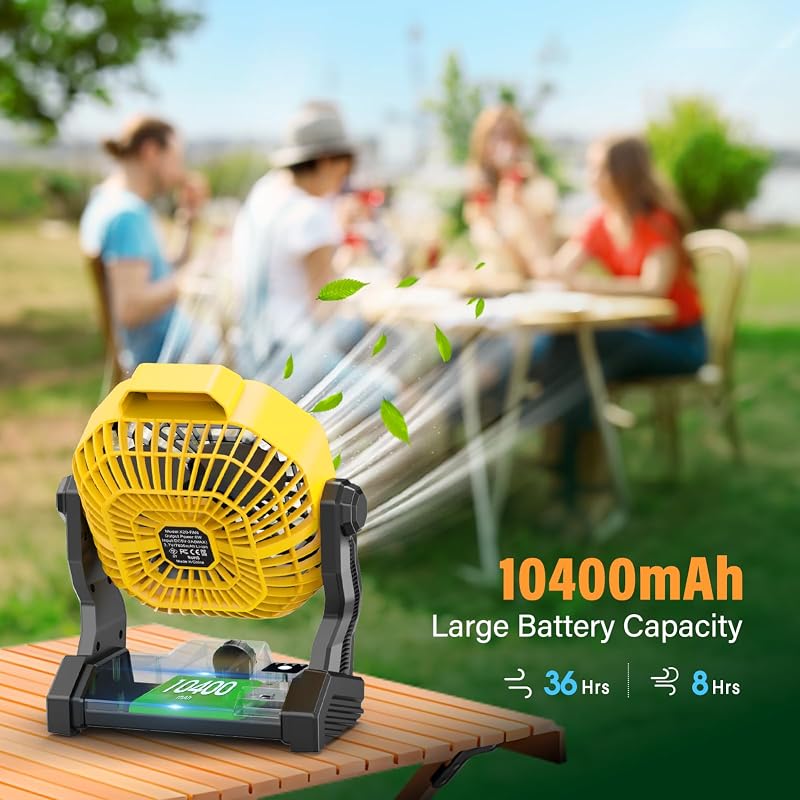 Solar Fan with LED Lantern, 7W Solar Panel, 10400mAh Battery, Quiet Outdoor Tent Camp Lantern Fan – Yellow