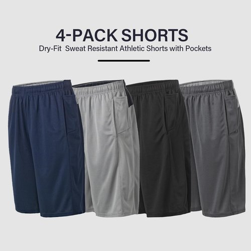 Essential Elements Men's Athletic Shorts - Quick-Dry Moisture-Wicking Workout Shorts | 4-Pack with Pockets