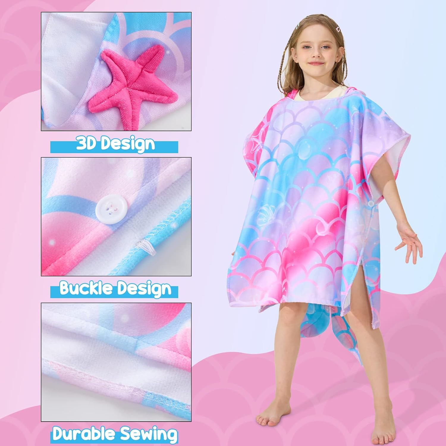 WERNNSAI Mermaid Hooded Beach Towel - Soft, Quick-Dry Poncho for Kids | 27" x 27" Sand-Free Design