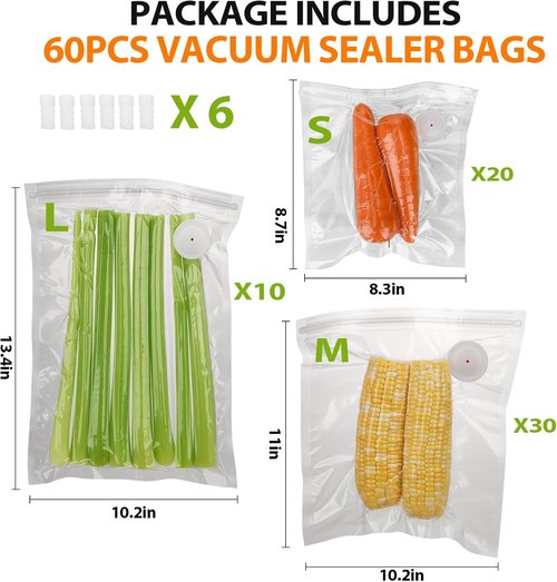 ATOSUN Vacuum Sealer Bags - BPA-Free Reusable Food Storage with Upgraded Air Valve | 60 Pack (10 Large, 30 Medium, 20 Small)