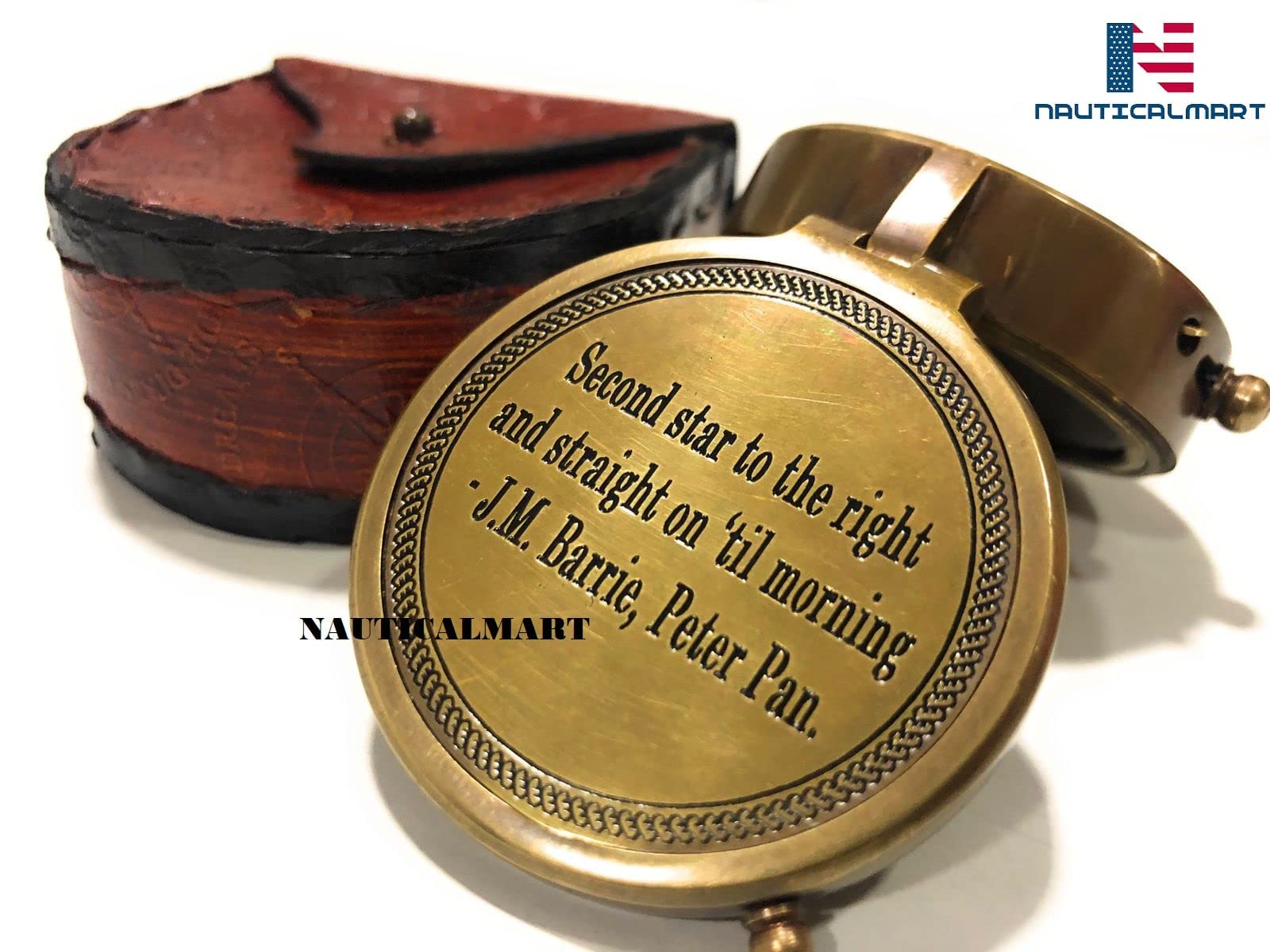Second Star to The Right J. M. Barrie, Peter Pan Engraved Brass Compass Directional Compass Magnetic Pocket Personalized Gift for Camping, Hiking and Touring