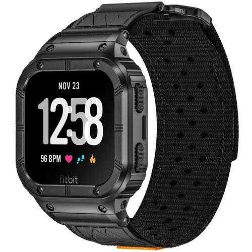MioHHR Band Compatible with Fitbit Versa 4 3 2 1 /Fitbit Versa Lite/Fitbit Sense/Sense 2 Bands with Stainless Steel Case, Breathable Nylon Sport Adjustable Strap Replacement Rugged Wristband for Men