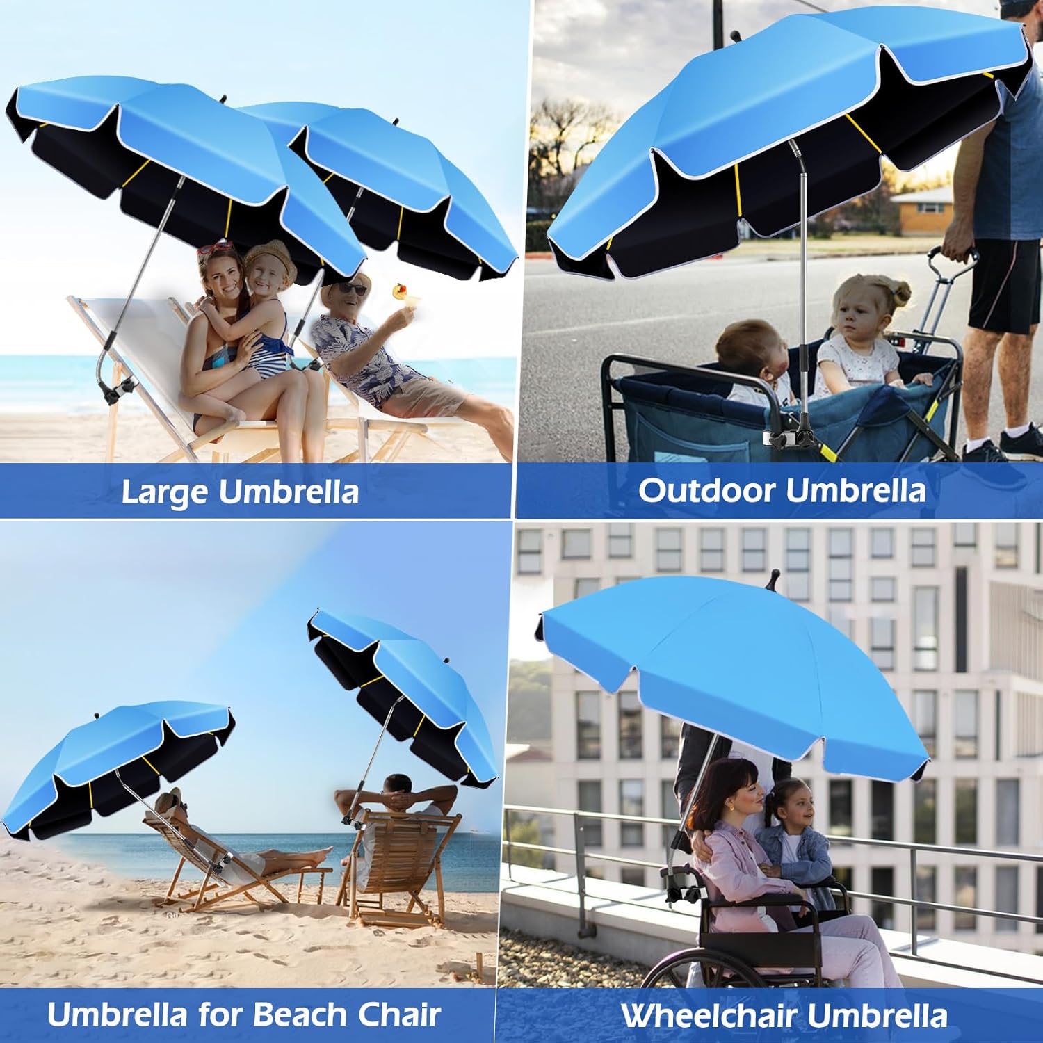 Umbrella 360°Adjustable Protection Stroller, 2 PACK 48.8" beach chair umbrella with clamp, high UV protection. 3 Adjustable areas 180°+360° for fishing, golf, beach, camping (chair not included)
