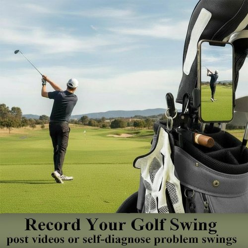 Golf Bag Phone Holder, Phone Caddy for Golf Cart Record Your Golf Swinging Two 360°Fully Adjustable Golf Cart Phone Mount Clip with Golf Glove Holder for Fishing Grilling Riding Golf Gifts for Men
