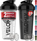 **VELOMIX Protein Shaker Bottles - 28 oz Leak Proof with 2x Wire Whisk | 2 Pack (Black/Transparent)**
