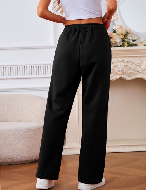 Warmrole Womens Sweatpants Black Straight Leg 2026 Trendy Fall Fleece Lined Pants with Pockets for Casual, Lounging, Medium