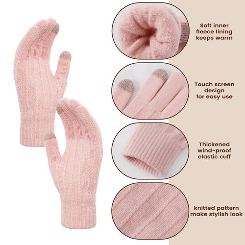 Womens Winter Knit Warm Hat Beanie+Long Scarf+Touch Screen Gloves Set Skull Caps Neck Scarves for Women/Men,Pink