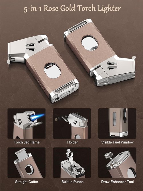5-in-1 Torch Lighter with Straight Cutter, Punch, Holder, Draw Enhancer Tool, Adjustable Jet Flame, Gifts for Men, Butane Refillable Lighter, Multi-Functional Accessories, Lighter for Travel