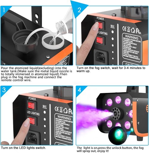 HAKUTA 500W Fog Machine - Light Rain & Splash Proof with 2300 CFM Output, 8 LED Lights & 2 Remotes