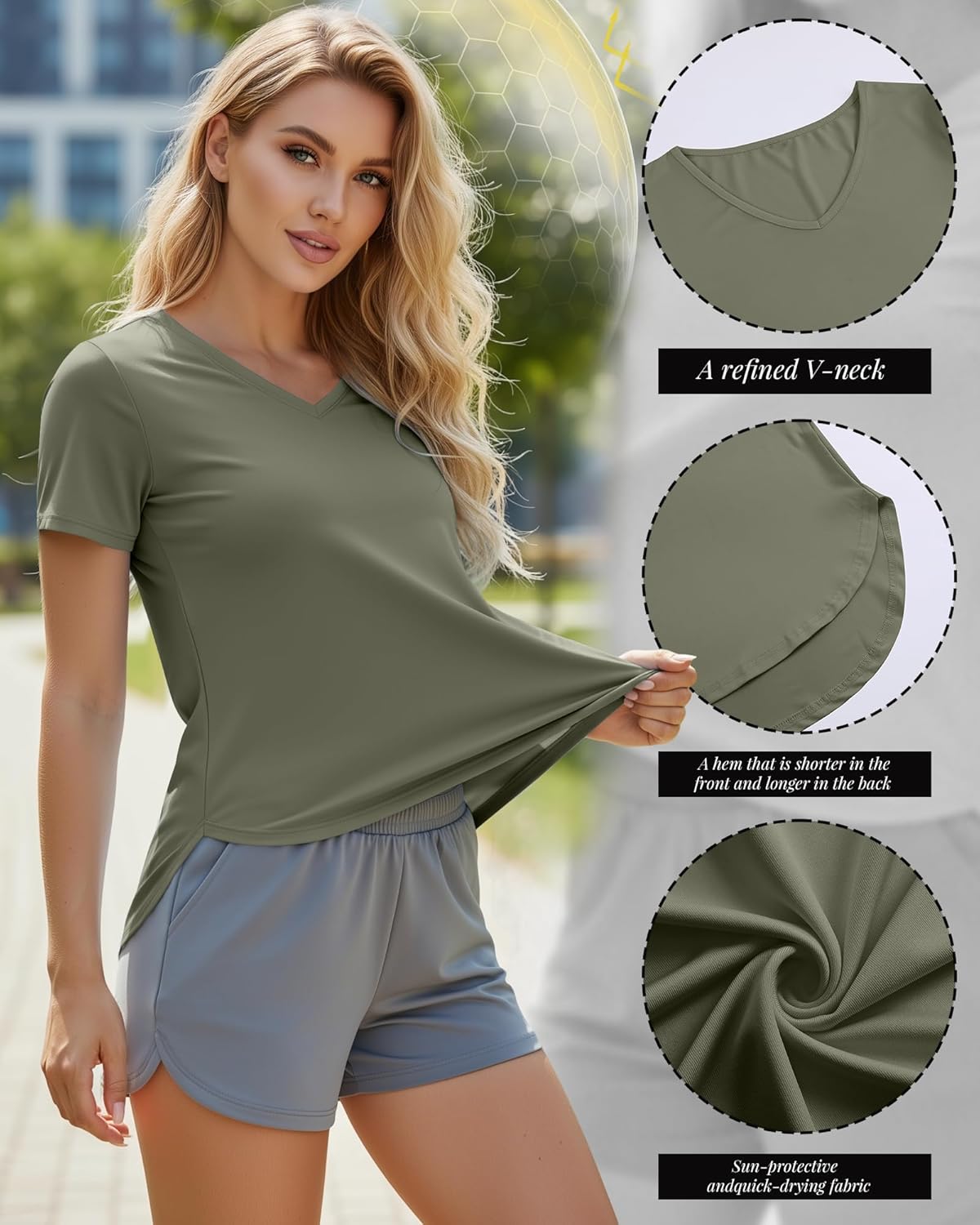 Oakgarden Women's Workout Tops - Quick Dry UPF 50+ V Neck Gym Shirts | Lightweight, Curved Hem, 4 Pack