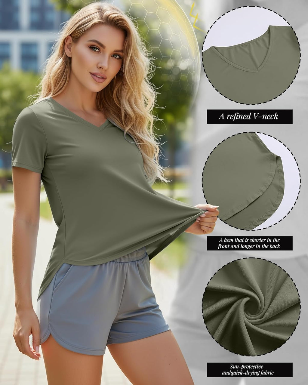 Oakgarden Women's Workout Tops - Quick Dry UPF 50+ V Neck Gym Shirts | Lightweight with Side Slits