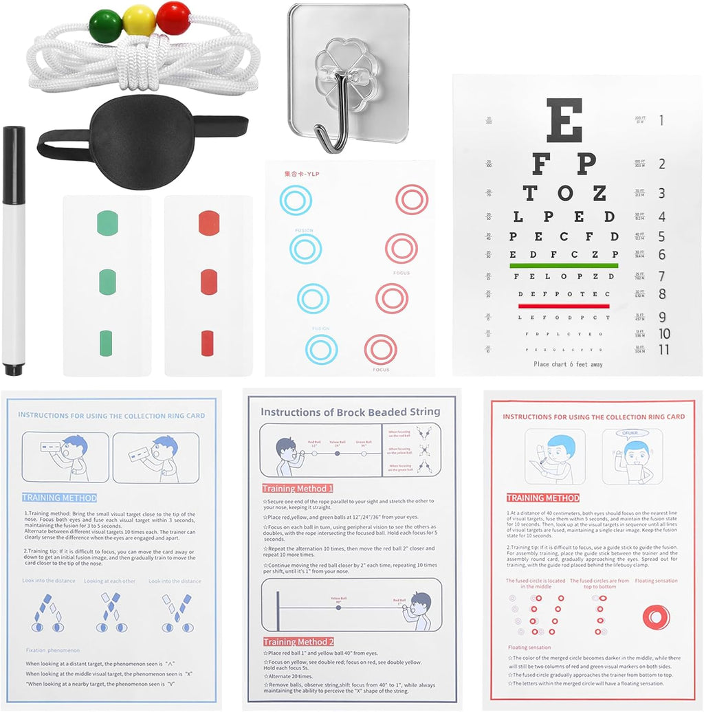 Vision Convergence Beads Training Kit - Snellen Eye Chart & Strabismus Correction Cards for Eye Muscle Strengthening and Focus Exercise