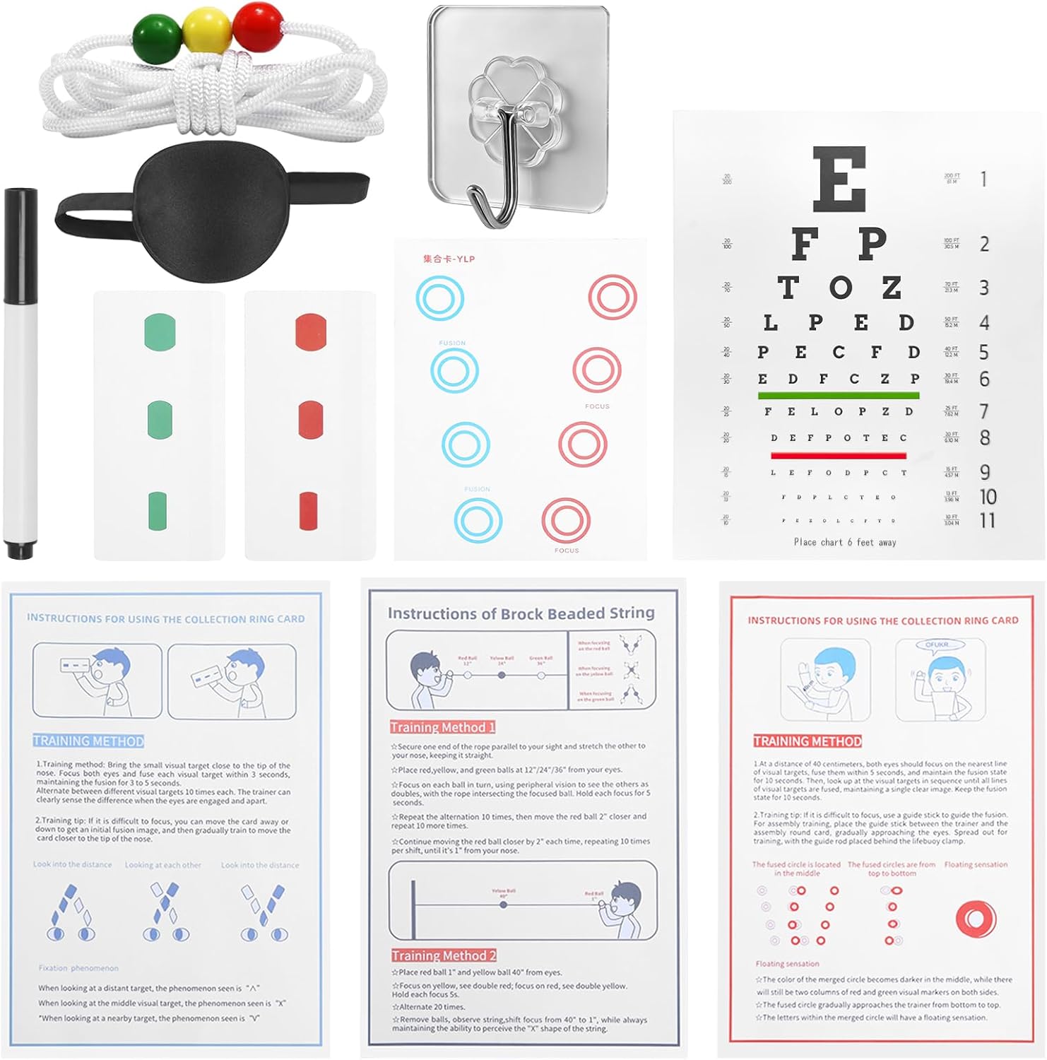 Vision Convergence Beads Training Kit - Snellen Eye Chart & Strabismus Correction Cards for Eye Muscle Strengthening and Focus Exercise