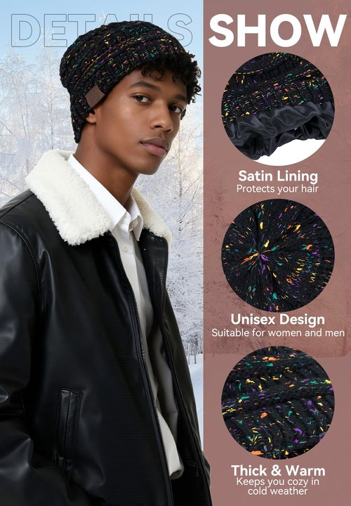 Zando 4 Packs Satin Lined Beanie for Women Men Teen - Warm Winter Hats with Hair Protection Windproof Knitted Silkly Lined Thick Beanies Sleep Cancer Cap One Size Black & Light Grey & White & Pink