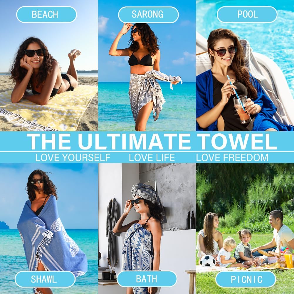 Widdonen Thin Turkish Beach Towel - Lightweight, Quick-Dry, Absorbent Cotton | Extra Large Sand-Free Pool & Bath Accessory