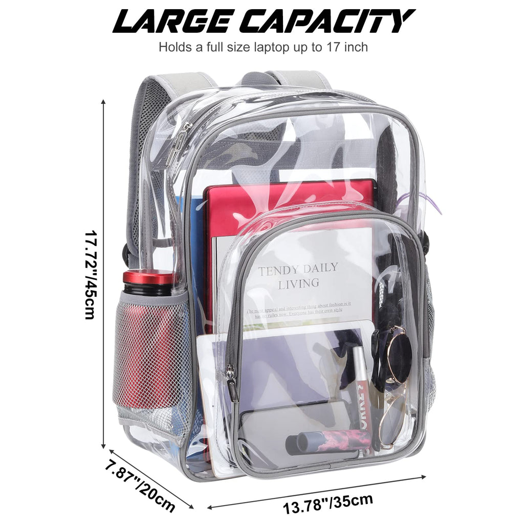 Nausear Clear Backpack School Bag Stadium Approved Heavy Duty Large PVC Laptop Transparent Backpack See Through Backpack for Sports, Work, Stadium, Security, Travel, College - H18''xW14''xD8“ - Grey