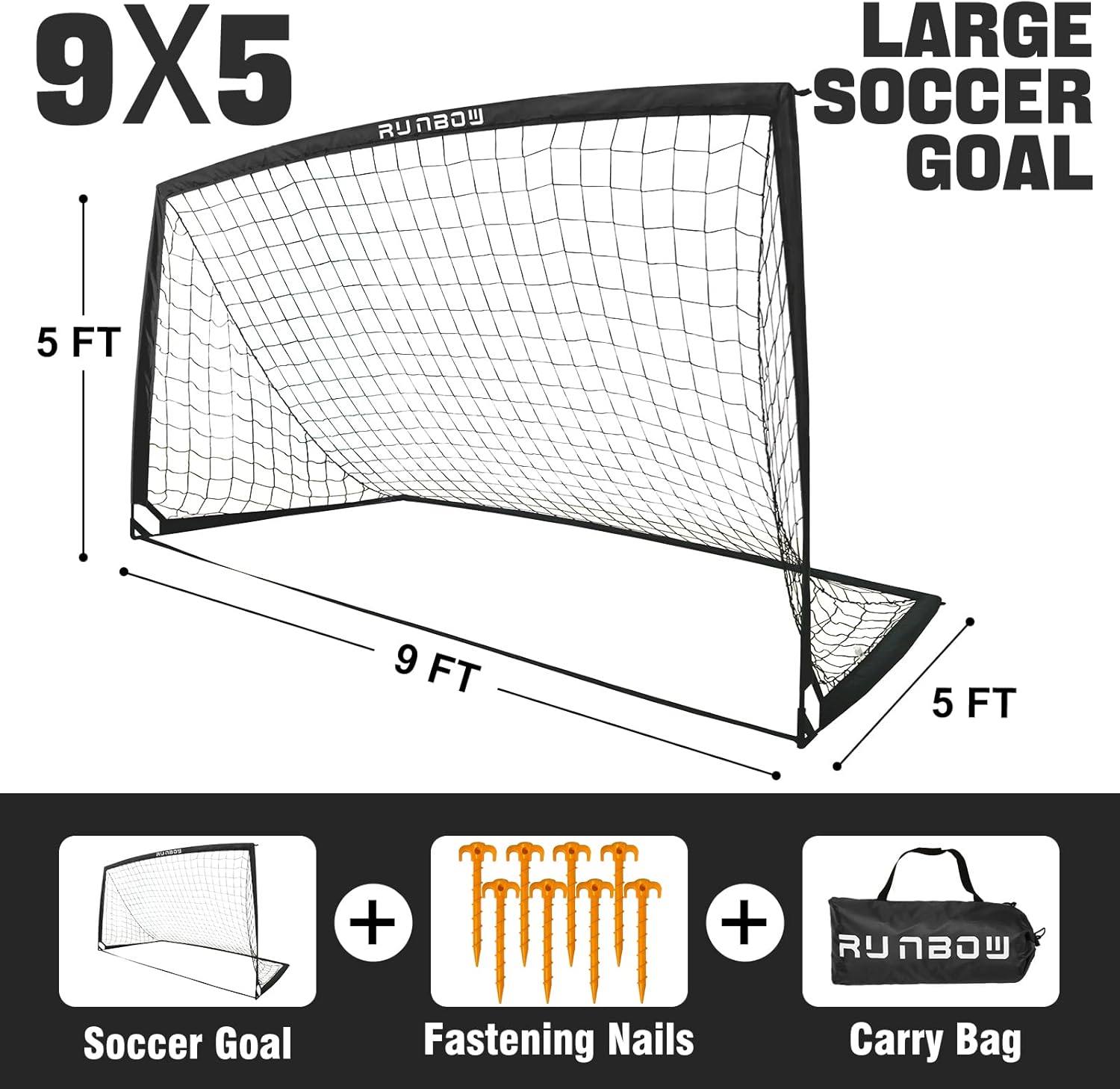 RUNBOW 9x5 FT Portable Kids Soccer Goal - Folding Soccer Net with Carry Bag for Indoor/Outdoor Use