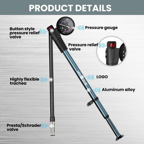 Hycline Shock Pump for Mountain Bike, High Pressure 300 Psi for Front Fork and Rear Bicycle Suspension Air Pump with Gauge Fits Schrader & Presta Tire Valve-Titanium