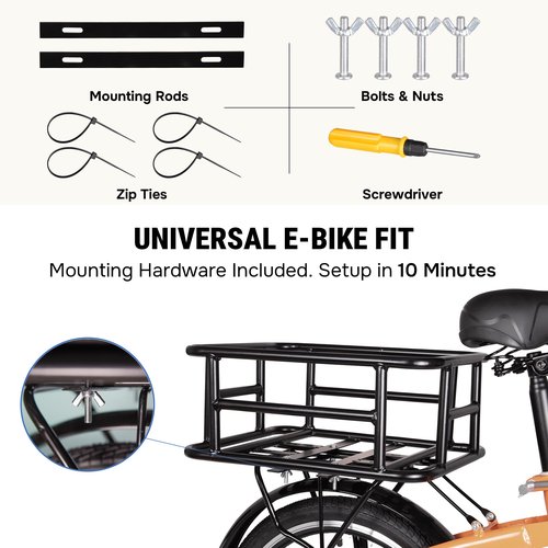 Electric Bike Rear Basket Heavy Duty Steel Frame with Net and Liner, RoakyRoasy 23L Large Capacity Back Rack Mounted Cargo Carrier for Ebike, Superior Deformation Resistance