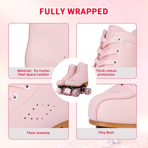 YYW High-top PU Leather Roller Skates for Women，Outdoor Roller Derby Skates for Unisex Beginners with Light up Wheels(Pink-39-Women 8.5/Men 7)