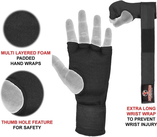FIGHTSENSE Padded Gel Boxing Gloves - Long Elasticated Hand Wraps for MMA, Kickboxing & Training (Pair)