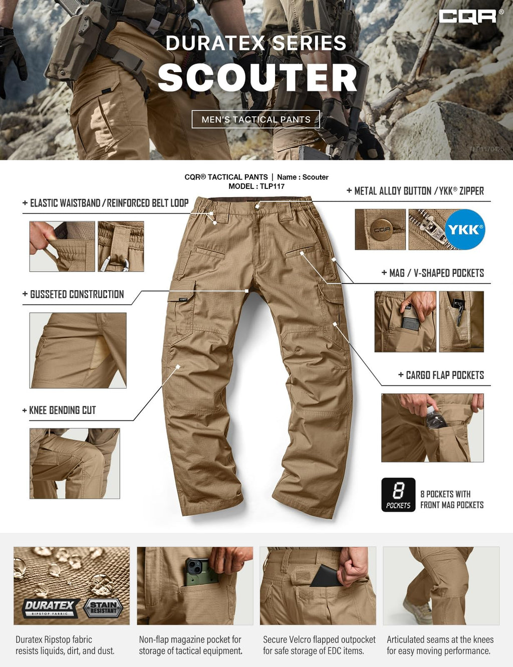 CQR Men's Tactical Pants, Water Resistant Ripstop Cargo Pants, Lightweight EDC Work Hiking Pants, Outdoor Apparel, Raider Cougar, 44W x 32L