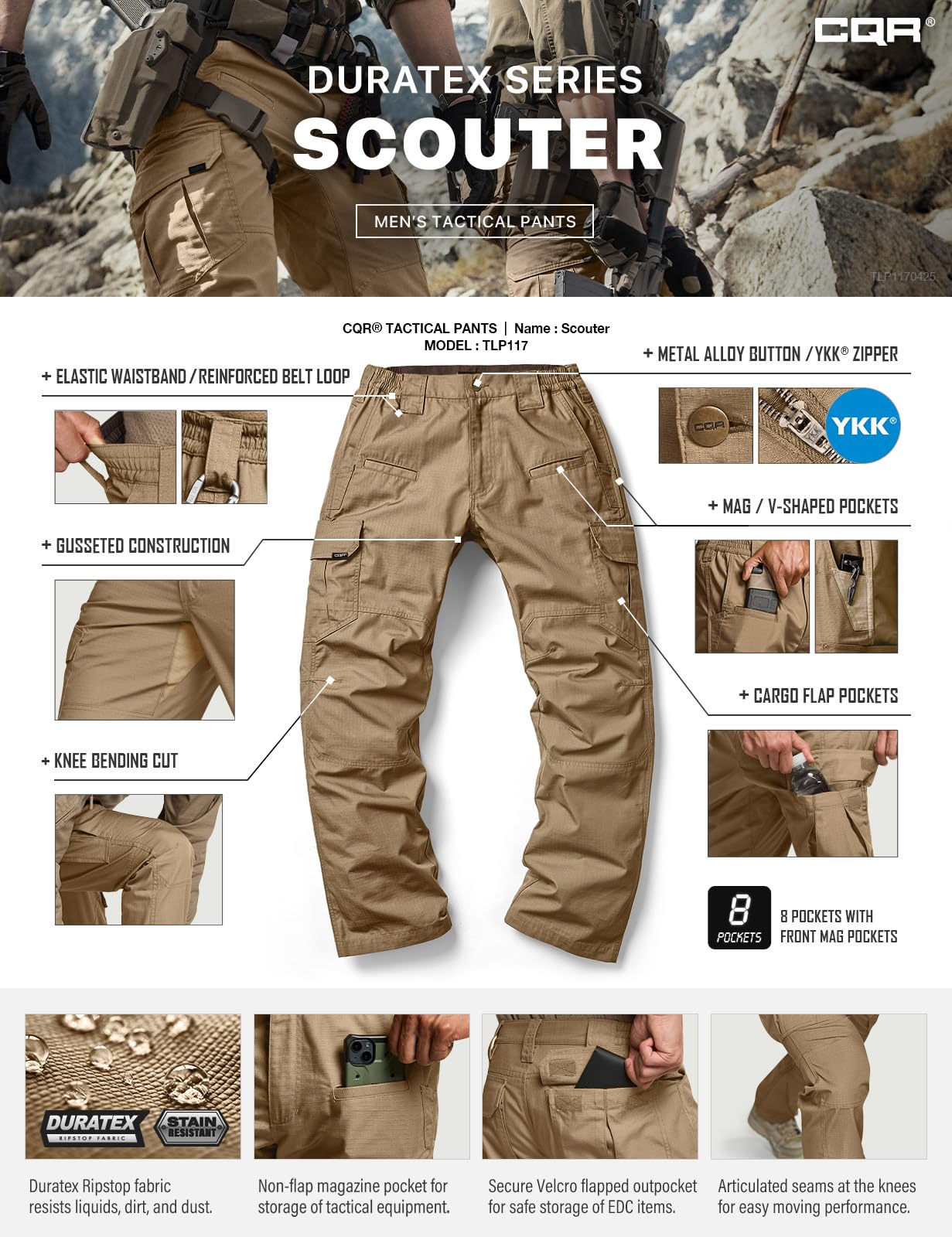CQR Men's Tactical Pants, Water Resistant Ripstop Cargo Pants, Lightweight EDC Work Hiking Pants, Outdoor Apparel, Raider Cougar, 44W x 32L