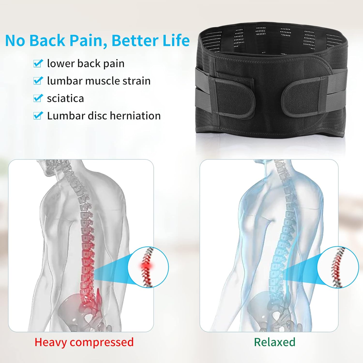Skiennix Lower Back Brace - Breathable Pain Relief Support Belt for Herniated Disc | Adjustable Medium, Black