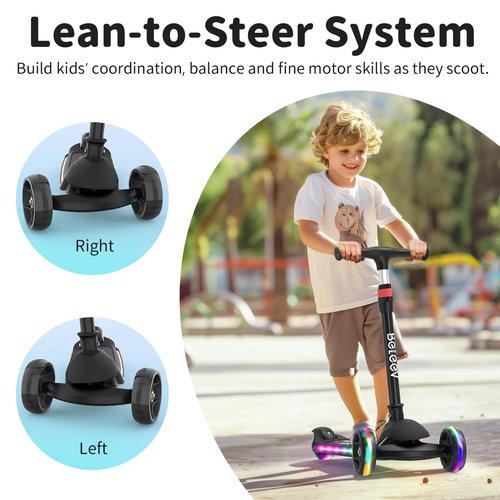 BELEEV Kids Scooter with LED Light-Up Wheels & Deck, 3 Wheel Folding Scooter for Toddlers Girls Boys Ages 3-12, Adjustable Handlebar, Lean to Steer, Extra Wide Wheel, Kick Scooter for Children (Black)