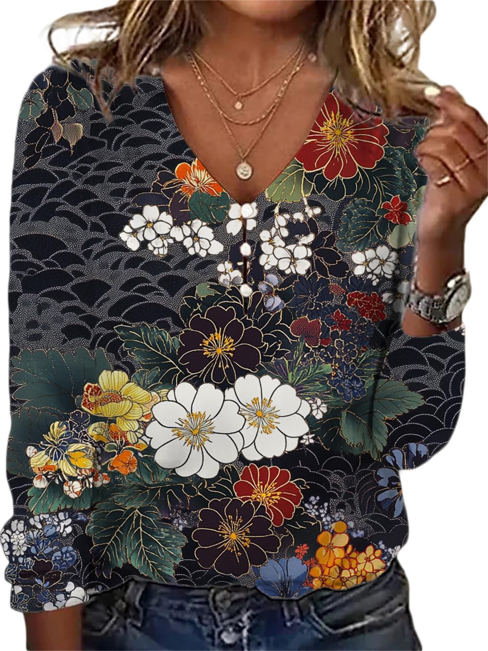 ZOCANIA Bohemian Floral Button-Up Tops for Women | Long Sleeve V-Neck Casual Blouses in Plus Size