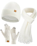 Women's Winter Knit Beanie Hat Touchscreen Gloves Long Neck Scarf Set Warm Soft Knit Beanie Cap for Cold Weather (White)
