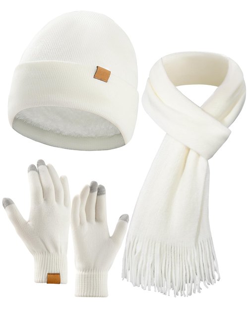 Women's Winter Knit Beanie Hat Touchscreen Gloves Long Neck Scarf Set Warm Soft Knit Beanie Cap for Cold Weather (White)