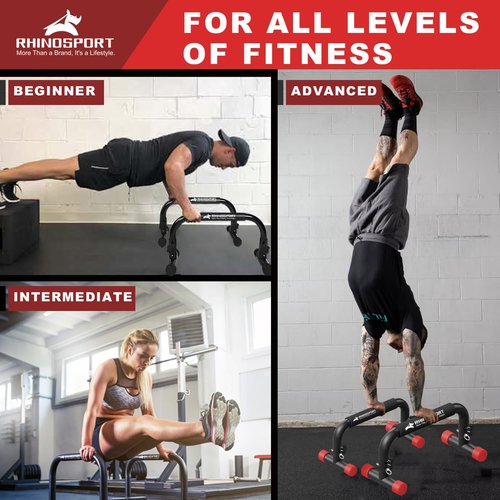 RHINOSPORT Parallettes Bars Dip Calisthenics Push Up Bars Calisthenics Equipment 10.2 in High 300Kg/661lbs Weight Capacity Strength Training Home Gym Workouts [19.6x10.2x10.2 in] (RED)
