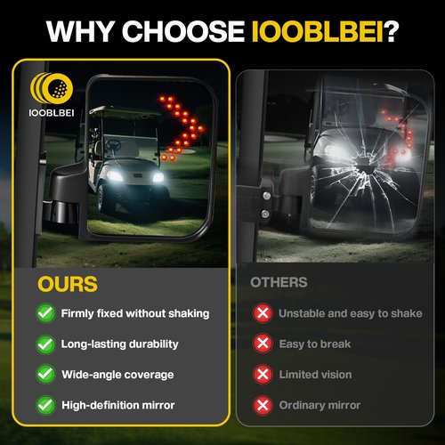 IOOBLBEI Golf Cart Rear View Mirrors, Square Tube Golf Cart Roof Bracket Side Mirrors with Turn Signal Lights, Folding Mirrors for Club Car EZGO Yamaha Kandi, Collision Protection, Street Legal
