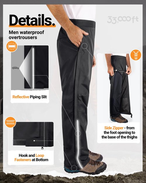 33,000ft Men's Rain Pants Full Zip Waterproof Pants Breathable Rain Over Trousers for Outdoor Hiking Golf Work Black