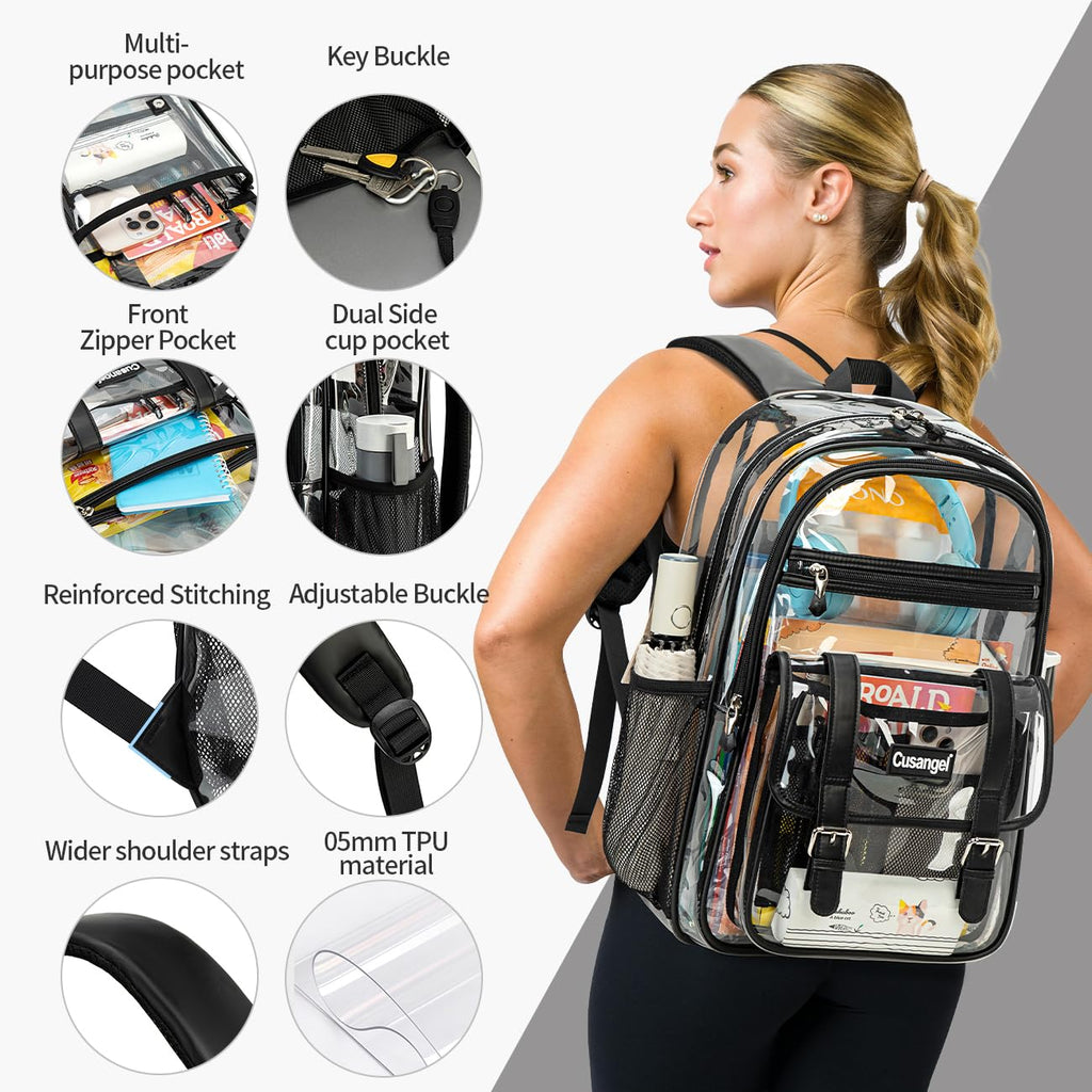 Cusangel TPU Clear backpack for Girls women,18" See Through Heavy Duty Bookbag,warehouses, school and other security check locations (Black)