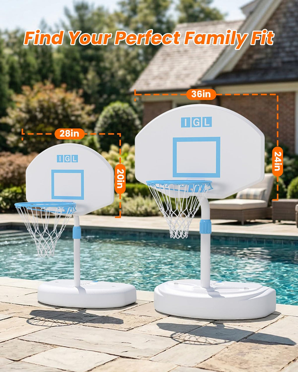 IGL Pool Basketball Hoop, 28in Backboard, Adjustable Height 28-36in, White