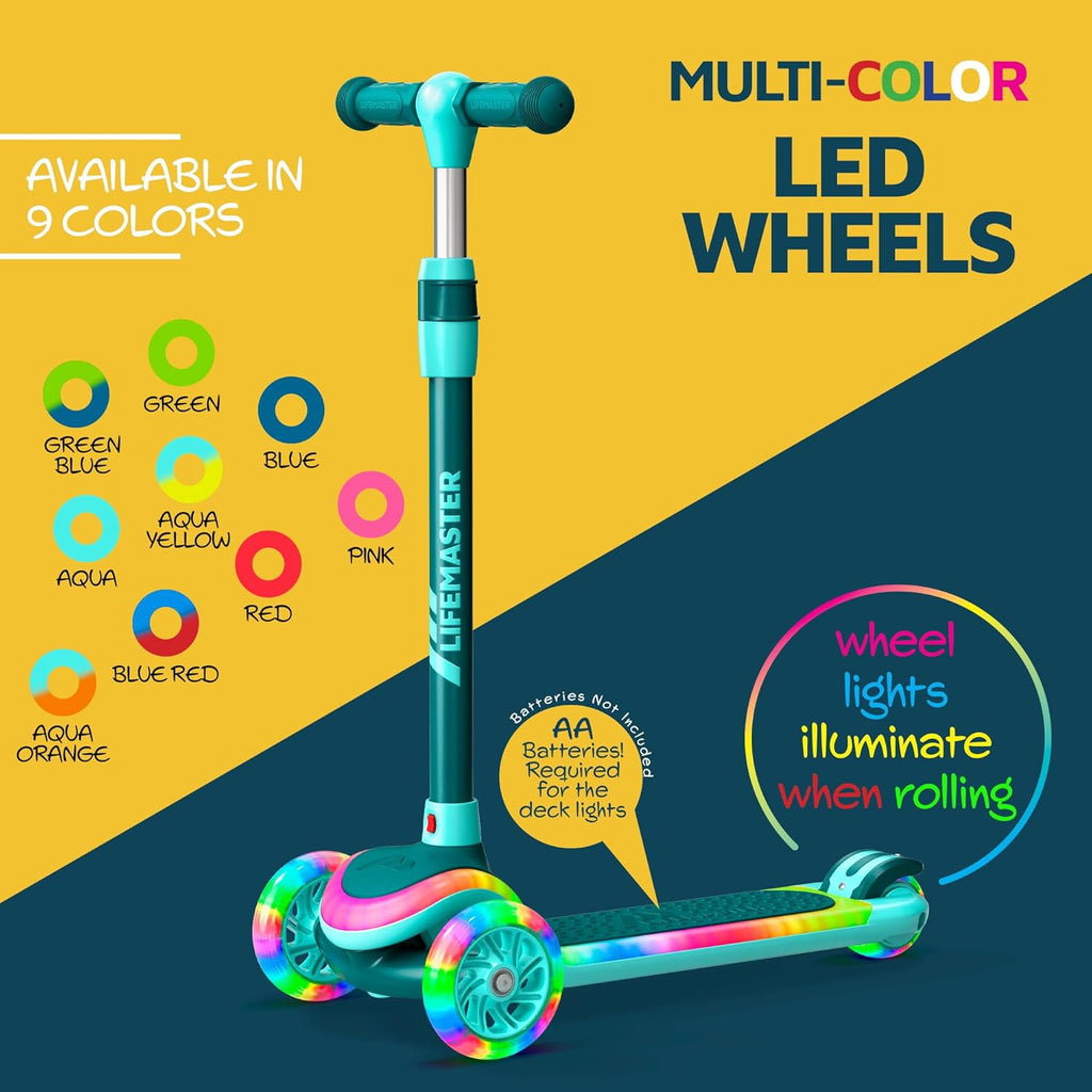 Skiennix 3-Wheel Kids Scooter - Multi-Color Lights, Adjustable Handlebar, Anti-Slip Deck | Ages 3+, Supports 150 lbs