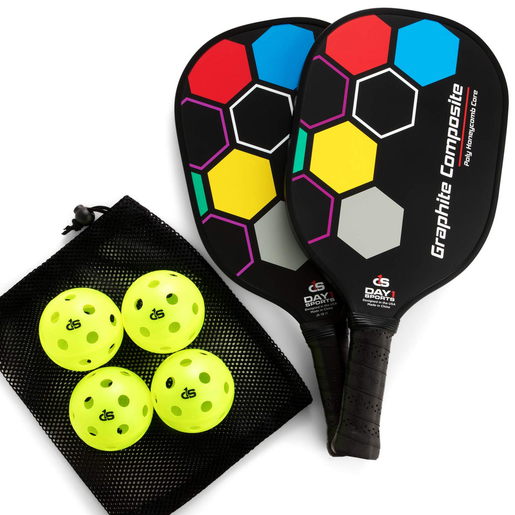 Premium Pickleball Set – 2 Paddle Set with Mesh Carry Bag, 4 Balls by Day 1 Sports - Durable Pickle Ball Paddles with Cushion Comfort Grip and Accessories - Graphite-Face Racquets, Pickleballs